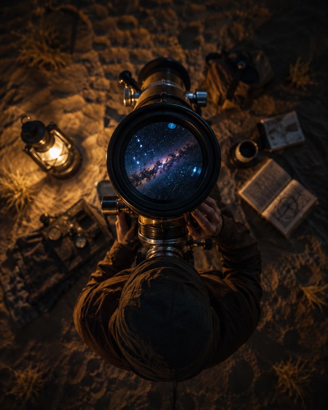 [Overhead view of a stargazer adjusting a vintage telescope, its lens showing the Milky Way, surrounded by observation gea...