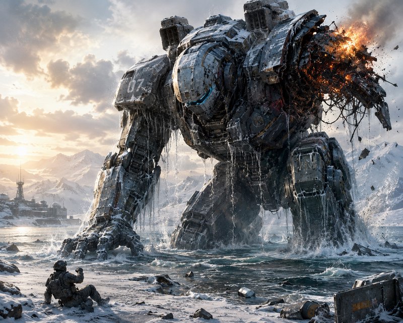 Damaged giant battle mech with a burning arm stands in icy arctic shore water, as a soldier watch...