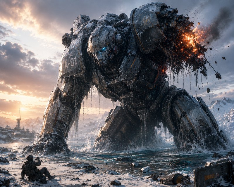 Giant battle-damaged A-01 mech stands half-submerged on icy arctic shore, sparking from a destroy...
