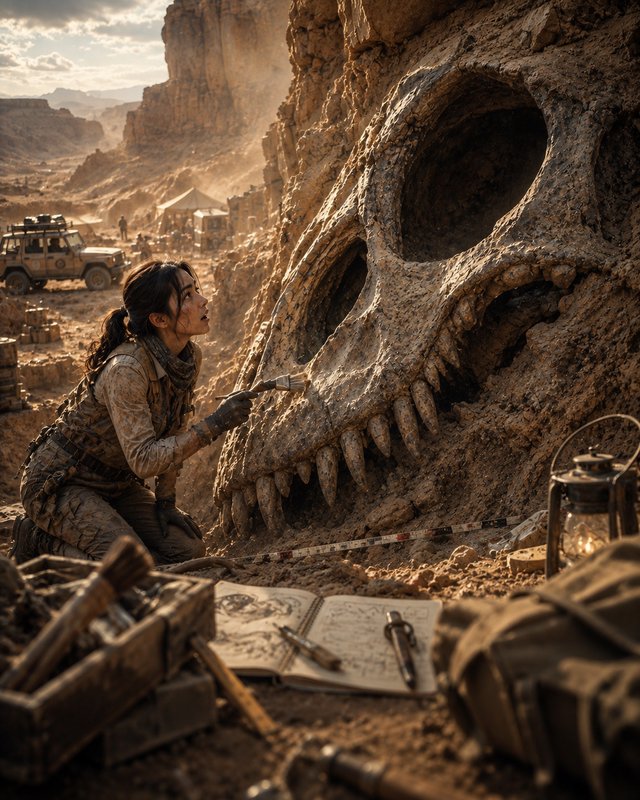 Female paleontologist brushes giant fossilized dinosaur skull at a sunlit desert excavation dig site