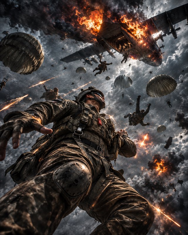 Low-angle view of a paratrooper mid-freefall, with a burning exploding aircraft and other jumpers...