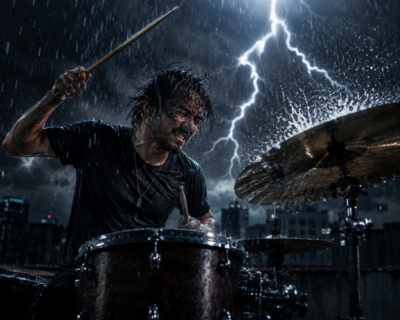 [Intense passionate male drummer plays a drum kit during a thunderstorm, with rain and lightning over a city rooftop.]