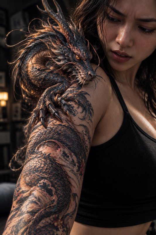 Woman looks down in surprise as a lifelike eastern dragon appears to emerge from her full sleeve ...