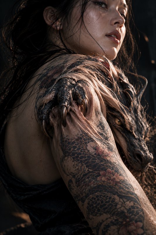 Surreal close-up portrait of a woman where her dragon tattoo transforms into a living scaly drago...