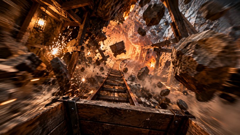 First-person view from a speeding runaway mine cart during a violent underground tunnel collapse ...