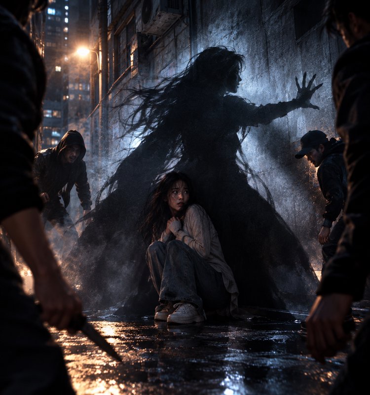 Ghostly shadow spirit protects a frightened crouched young woman from threatening assailants in a wet nighttime city alley