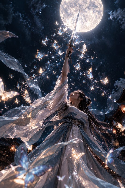 Ethereal hanfu warrior holds an enchanted sword aloft under a full moon surrounded by glowing but...