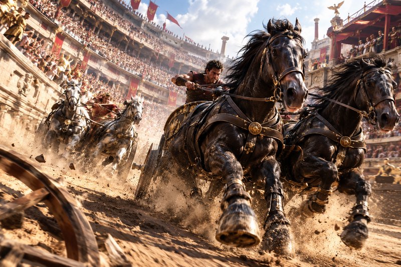 Intense chariot race in a Roman coliseum as galloping horses pull competing chariots past packed ...