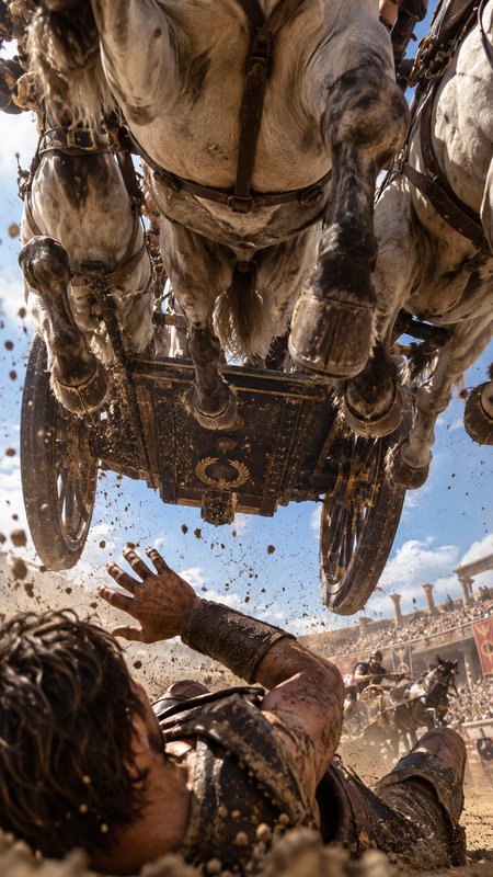 Rearing horse-drawn Roman chariot leaps over a fallen gladiator in a sunlit coliseum arena