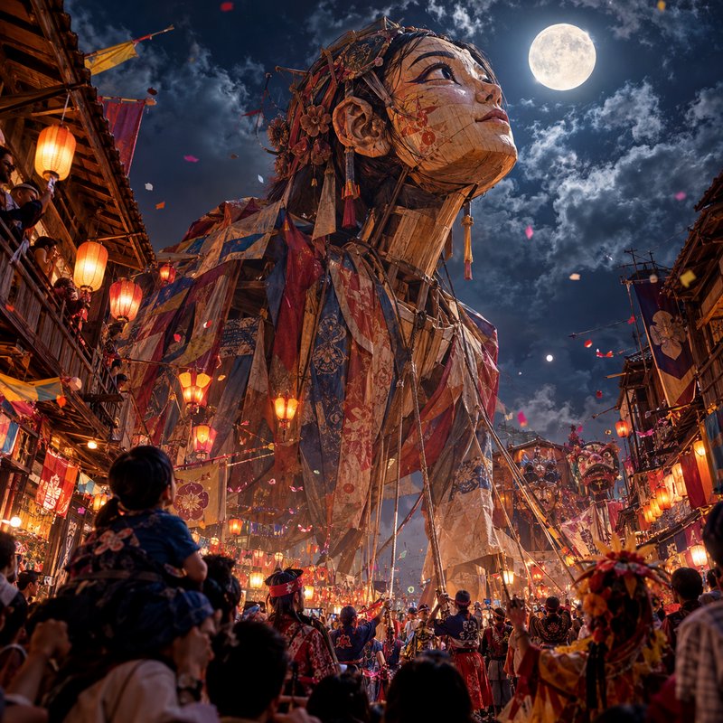 Giant traditional wooden puppet towers over a lantern-lit festival street beneath a glowing full ...