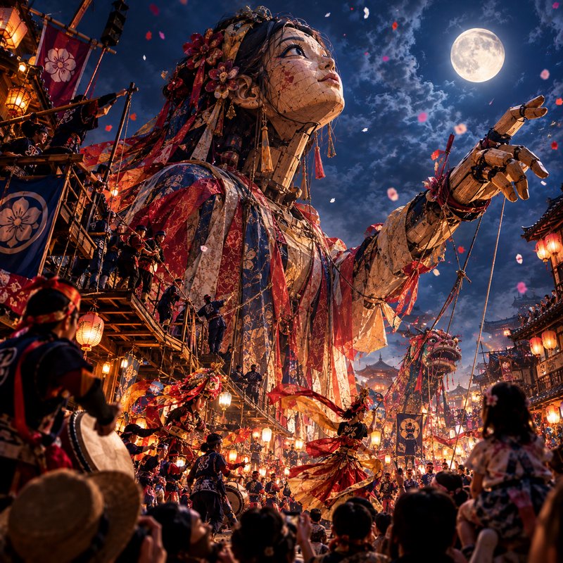 Towering ornate wooden festival puppet looms over a crowd during a moonlit traditional Japanese s...
