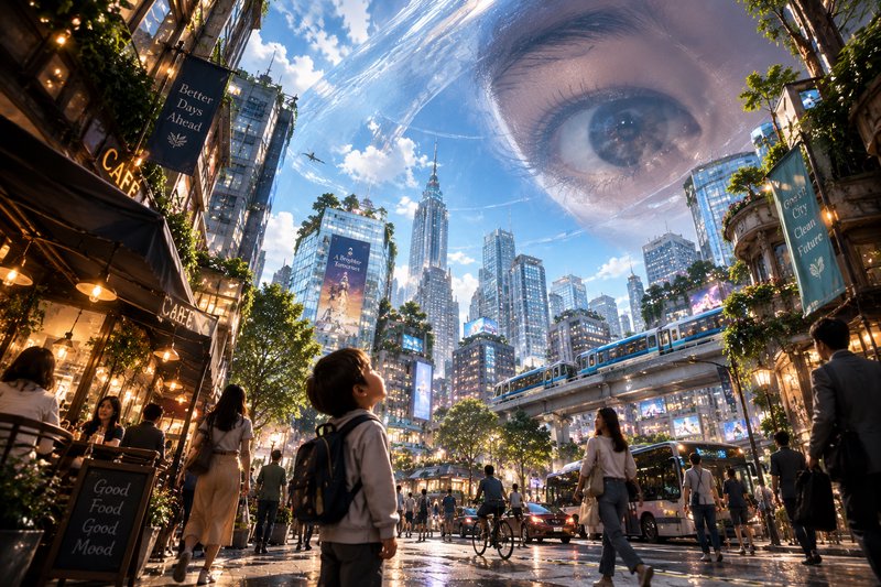 Young schoolboy looks up at a giant floating eye above a bustling futuristic downtown city street