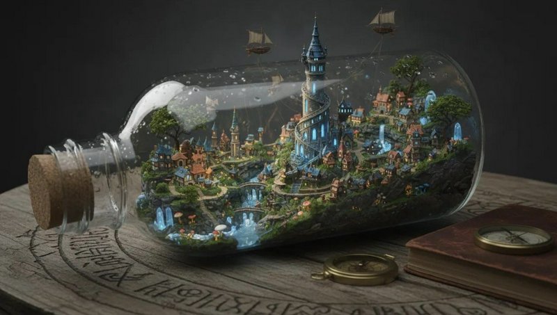 Intricate miniature fantasy wizard village contained inside a corked glass bottle resting on a wo...