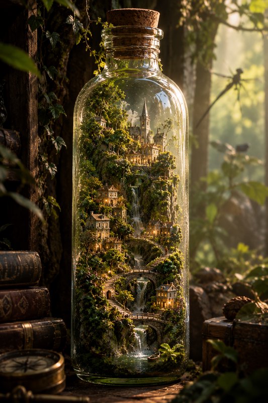 Intricate miniature fantasy village with tiered waterfalls contained in a corked glass bottle in a sunlit forest