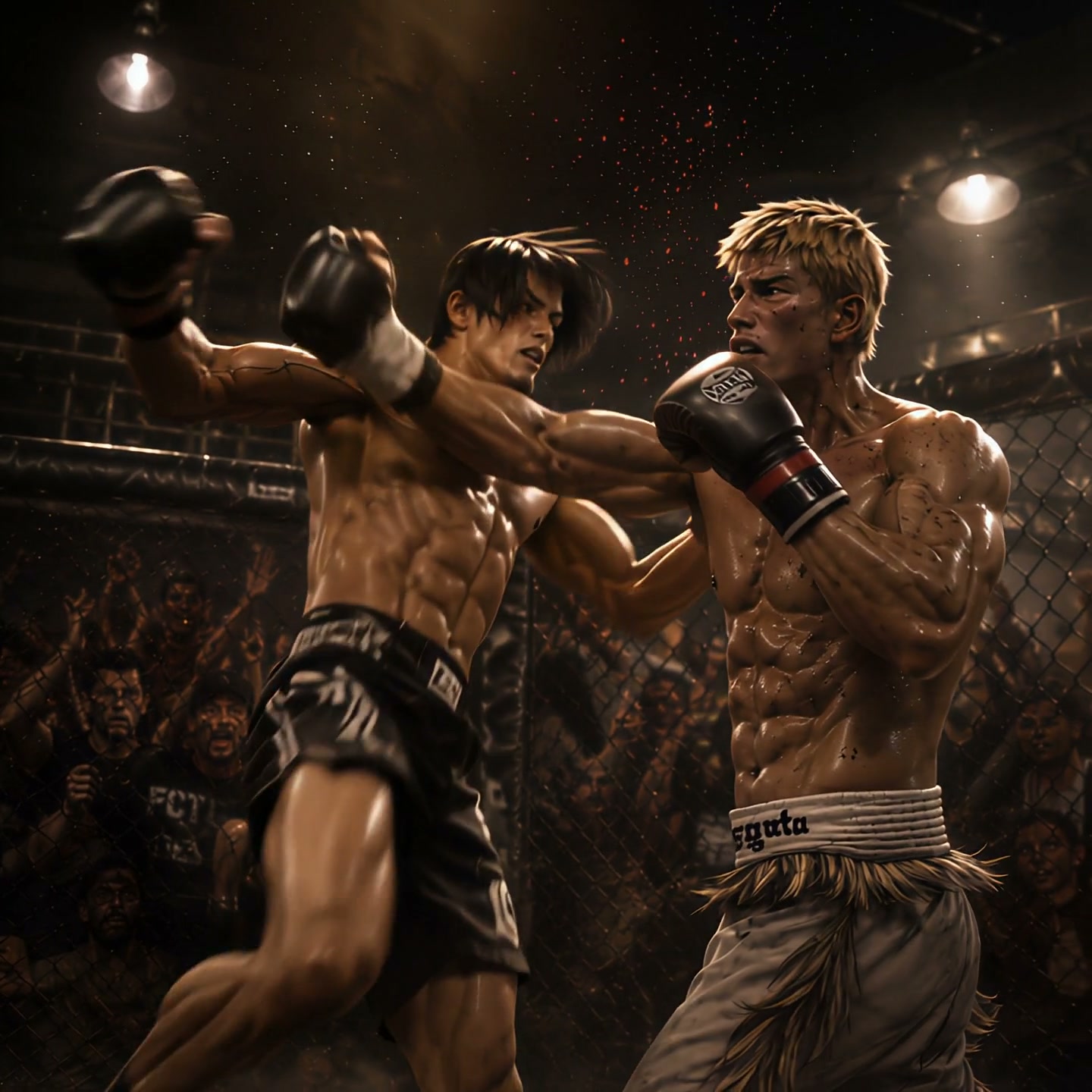 Two muscular MMA fighters brawl in a caged arena, one landing a