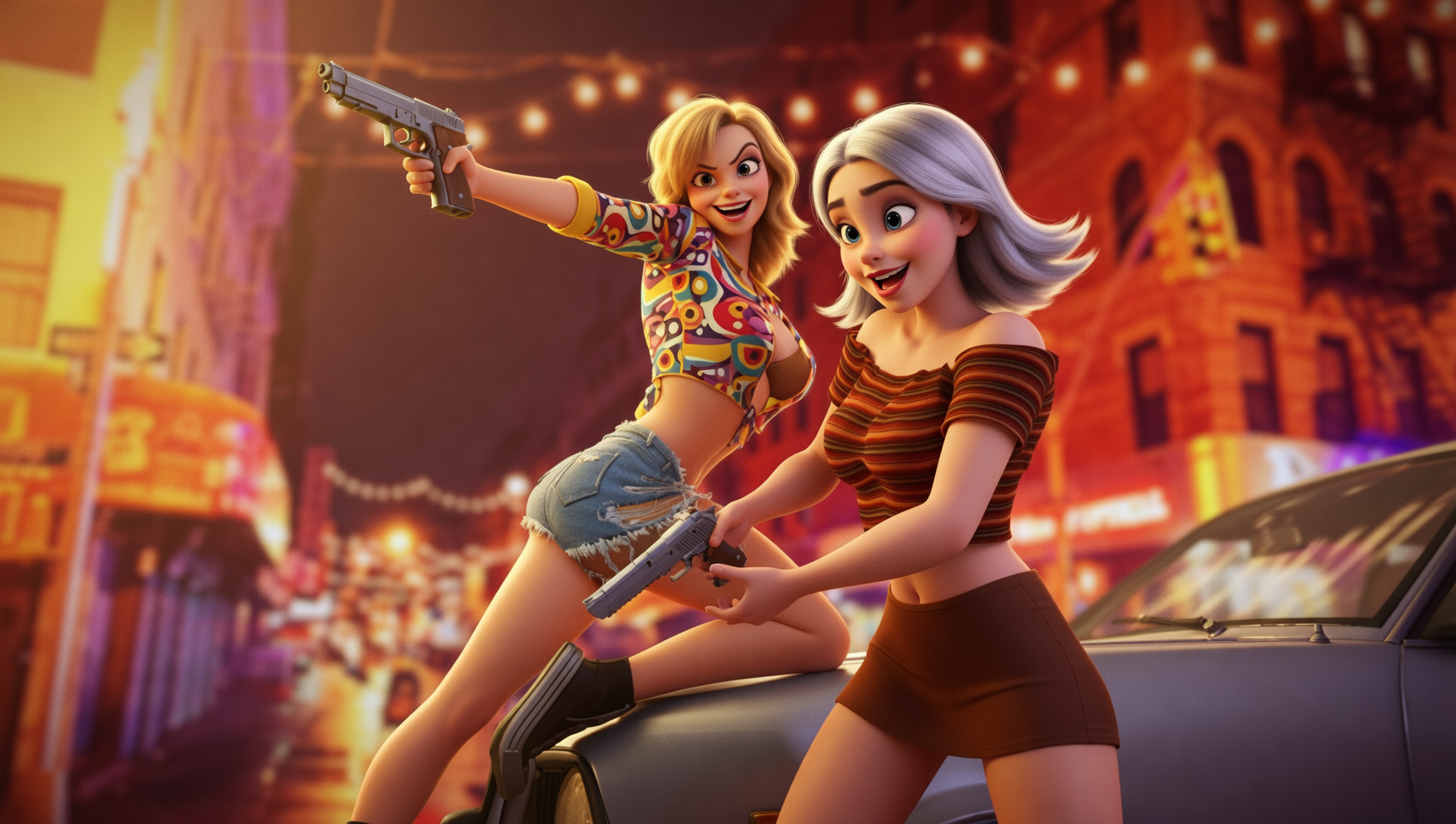 Animated duo of women wielding pistols in a neon-lit city street at night.