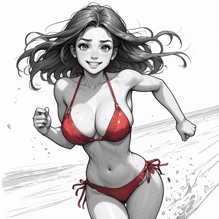 Manga style sketch of a smiling young woman in a red bikini running through shallow beach water, hair blowing dynamically.