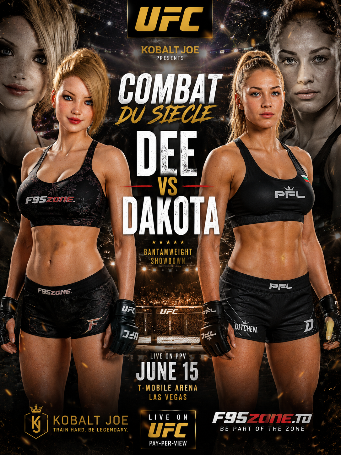 UFC fight poster advertising the Dee vs Dakota women's bantamweight MMA showdown scheduled for June 15 in Las Vegas.
