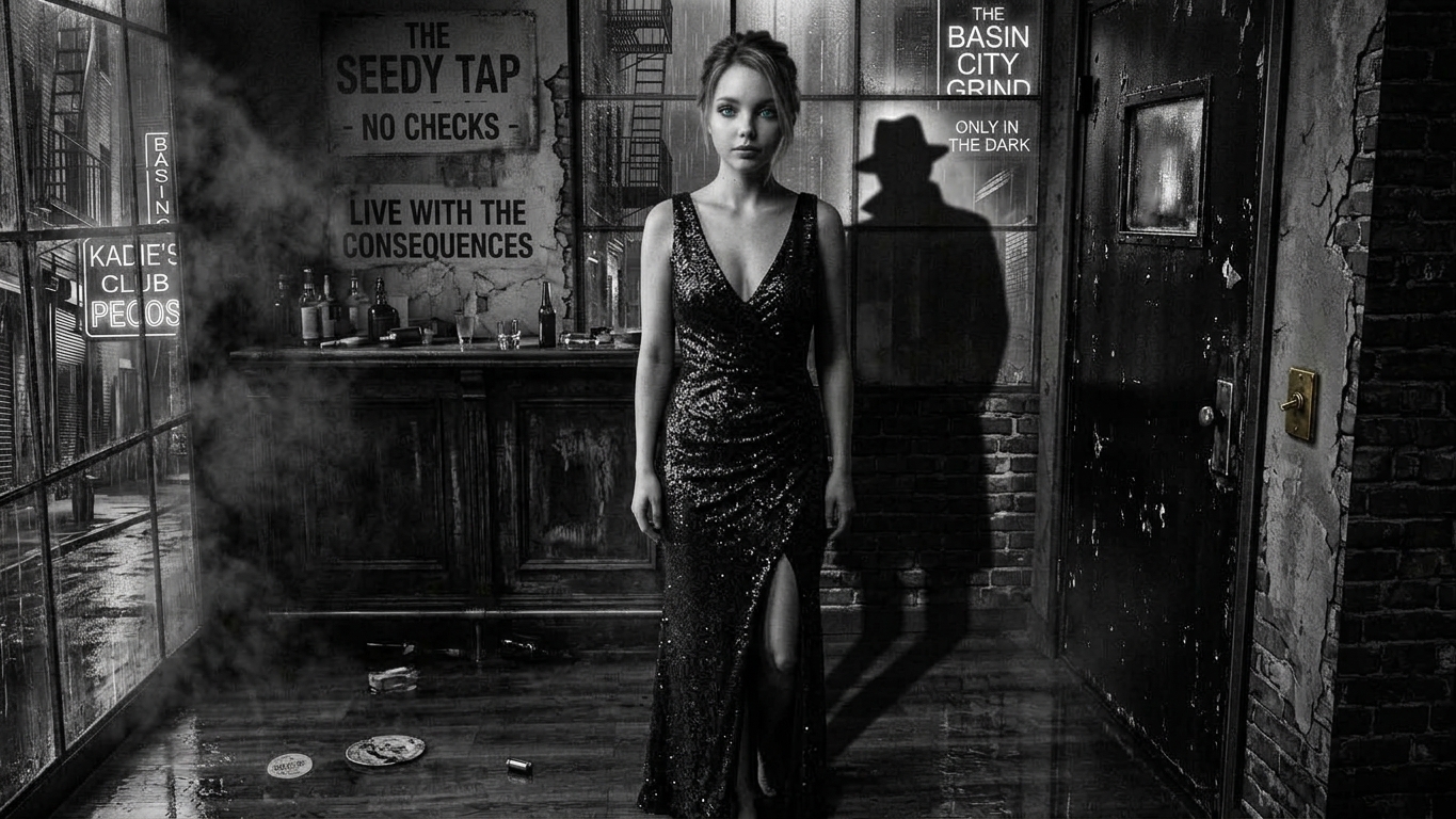 Woman in a sequined evening dress stands in a gritty noir bar beside the shadow of a fedora-wearing man.
