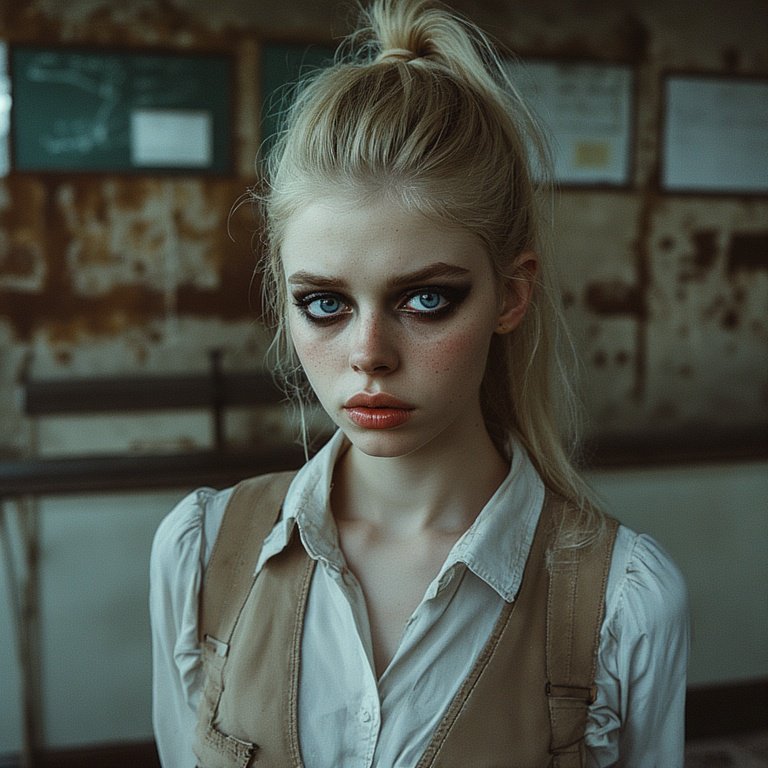 Portrait of a young woman with blue eyes, smoky makeup, and a blonde ponytail wearing a beige vest.