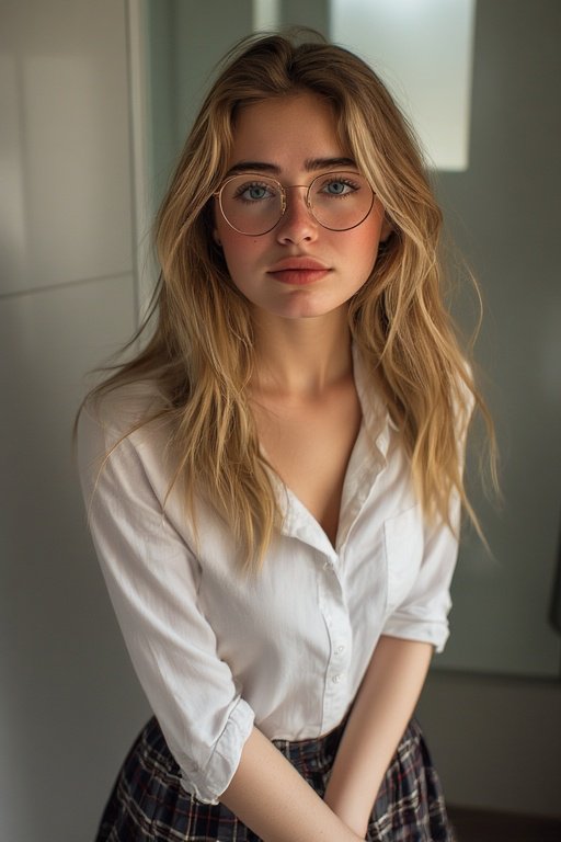 Young woman with blonde hair and round glasses in a white button-down shirt indoors