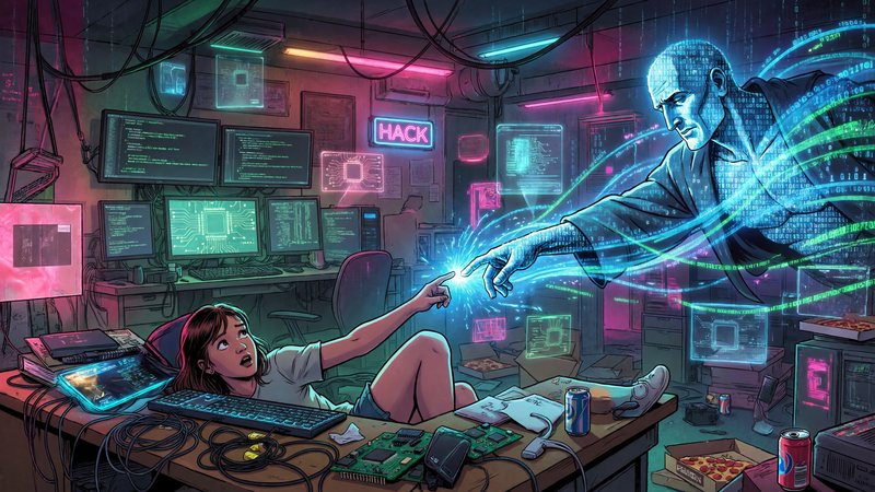 Girl hacker on a cluttered desk reaches toward a digital ghostly hand amid neon screens.