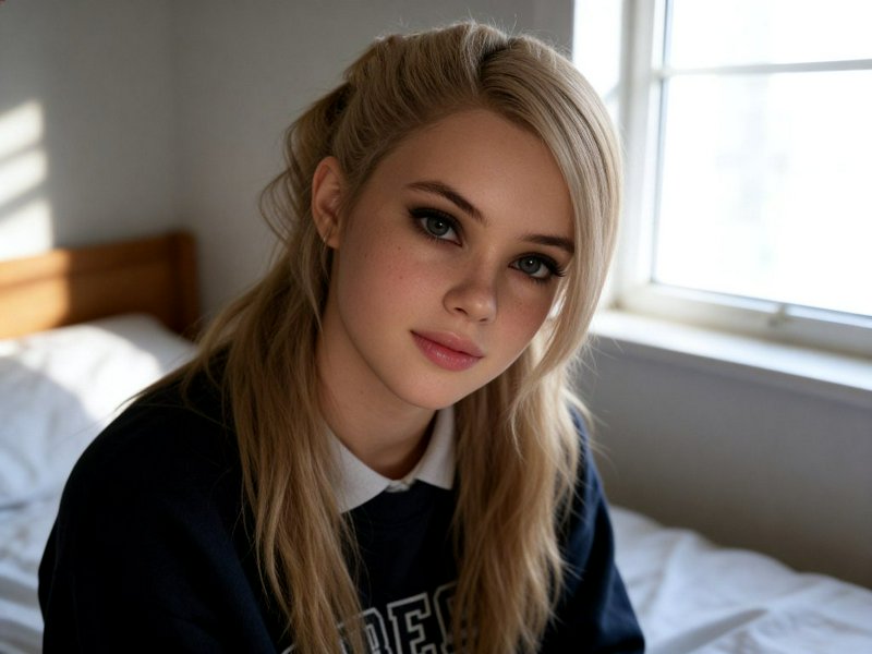 Portrait of a young woman with blonde hair sitting by a window in a cozy bedroom.