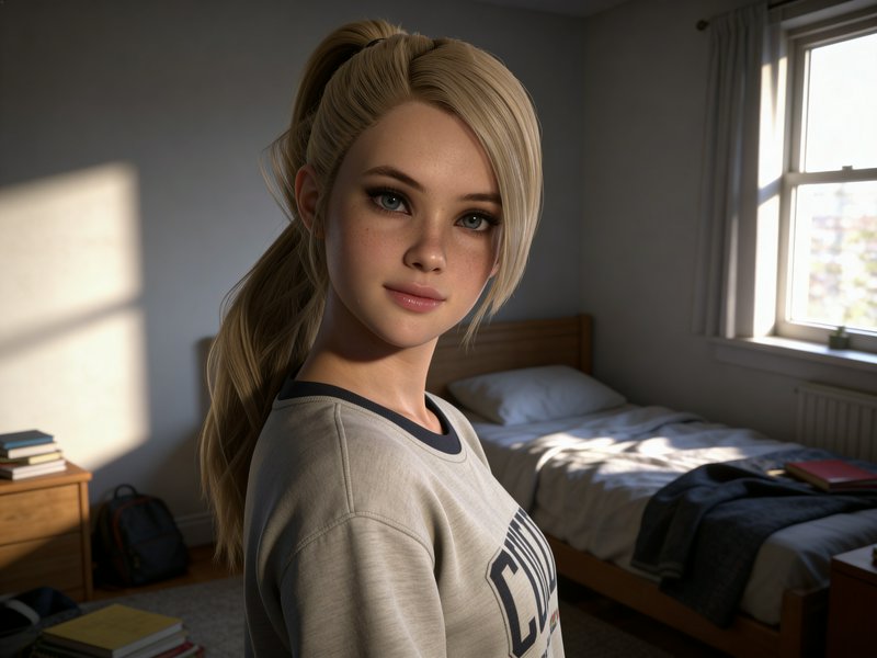 Young blonde woman with a ponytail in a sunlit bedroom, casual sweatshirt.