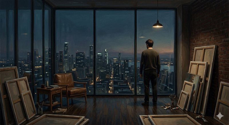 Man standing in a moody urban art studio overlooking a city's night skyline.