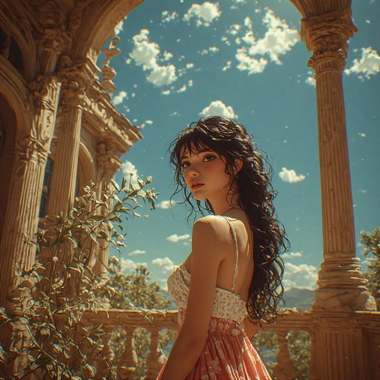 Woman in lace top and pink skirt among ancient ruins with tall columns and blue sky.