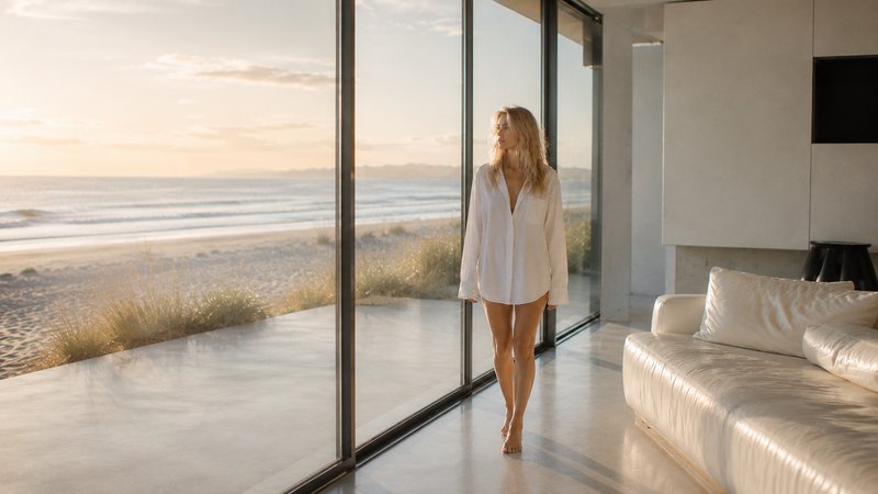 Woman in a white shirt-dress standing by floor-to-ceiling beach windows at sunset in a modern living room.