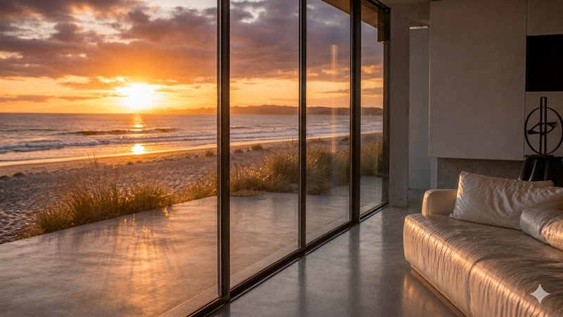Sunset view through floor-to-ceiling glass walls into a modern beachside living room with a white sofa.
