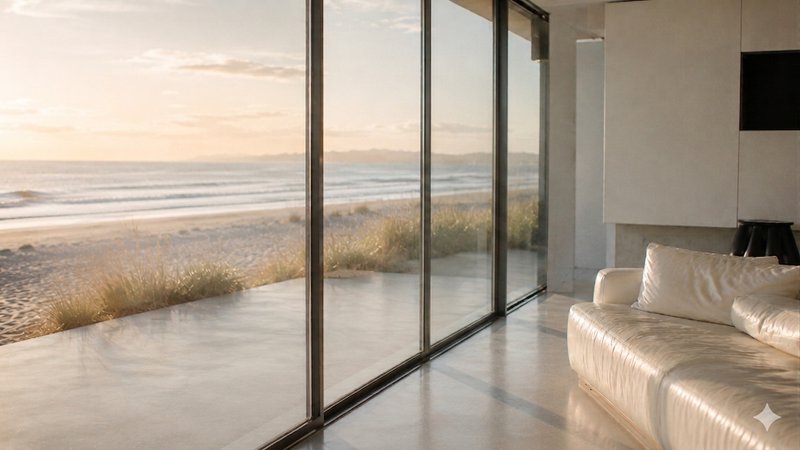 Modern living room with floor-to-ceiling windows overlooking a beach at sunset