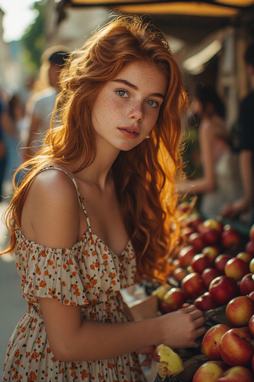Red-haired woman at an outdoor market near a fruit stand with apples, in warm sunlight.