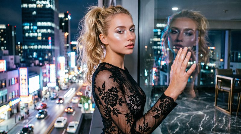 Glamorous blonde woman in black lace dress touching high-rise window overlooking glowing downtown...
