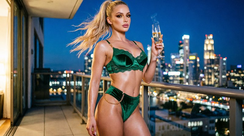 Fit blonde woman in emerald green lingerie holds champagne on a penthouse balcony overlooking a l...