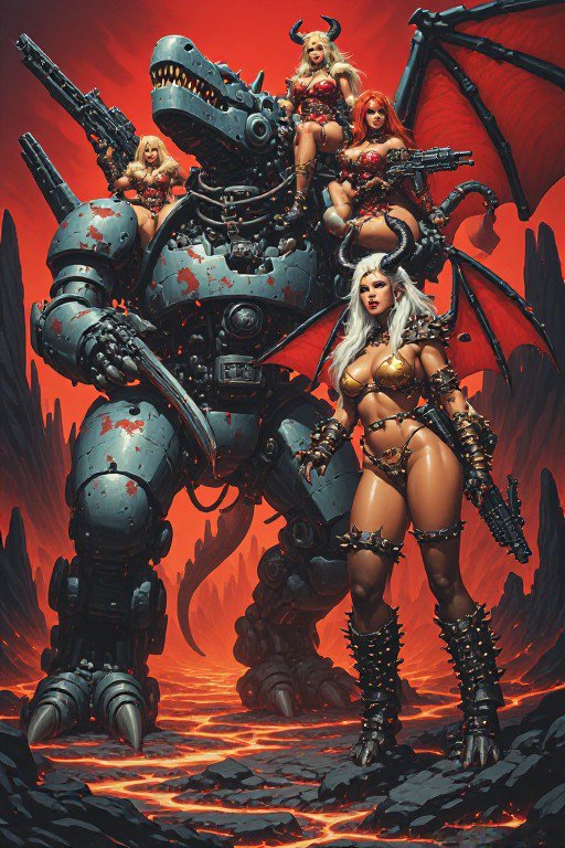 Battle-worn robotic T-rex mech and armed horned demon warrior women stand on a fiery lava-covered...