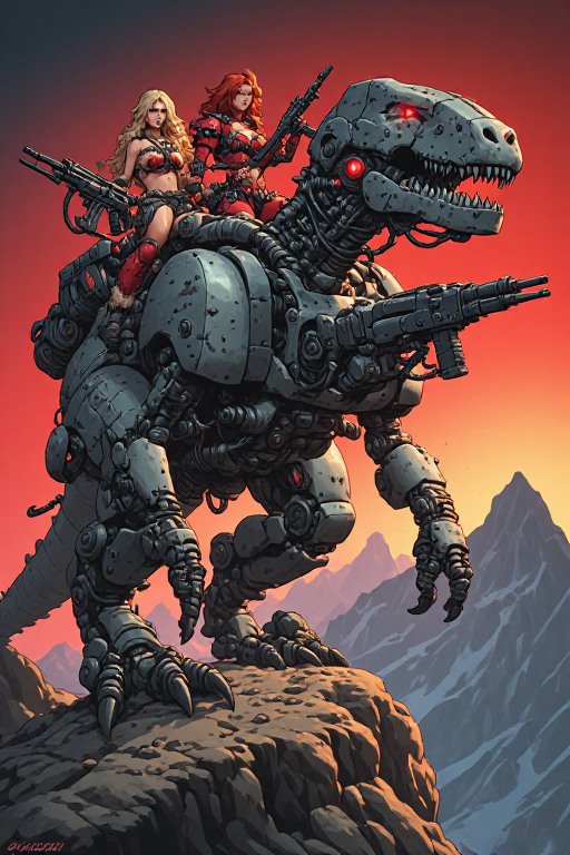 Two armed warrior women ride a weaponized robotic T-rex perched on a rocky mountain peak at fiery...