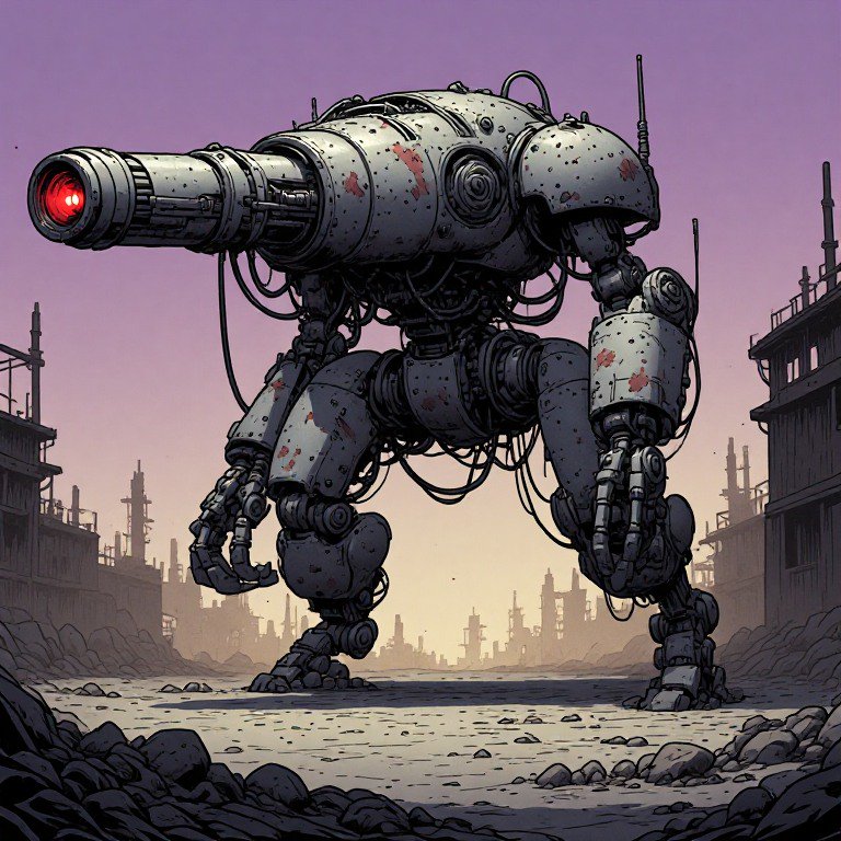 Battle-scarred combat mech with glowing cannon arm stands in a ruined post-apocalyptic city under...