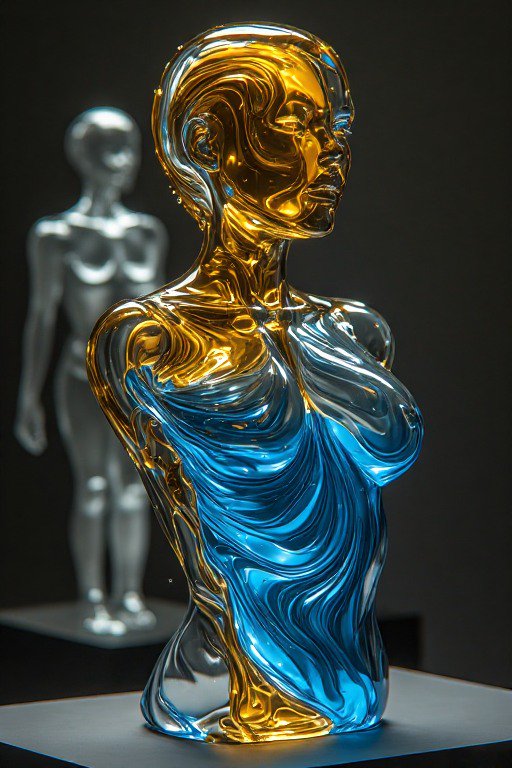 Translucent swirled glass female bust sculpture with gold and blue patterns, clear glass figure b...