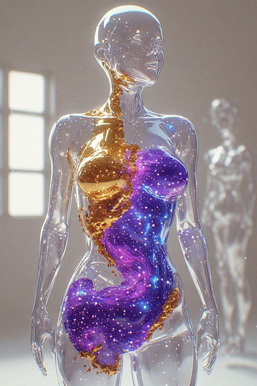 Transparent clear glass human sculpture filled with swirling glittering gold and purple material,...