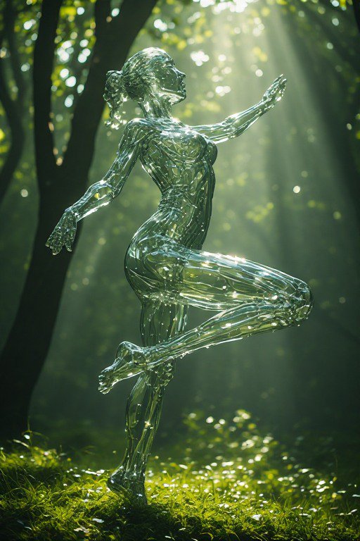 Clear translucent glass sculpture of a dancing female figure posed in a sunbeam dappled mossy gre...