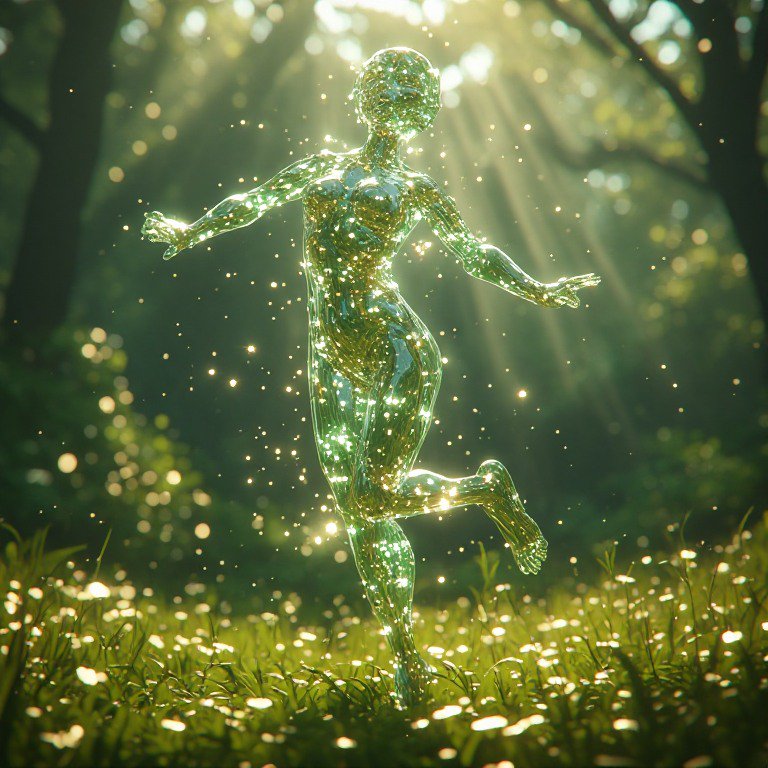 Translucent glowing green nature spirit dancing in a sunlit forest meadow, surrounded by floating...