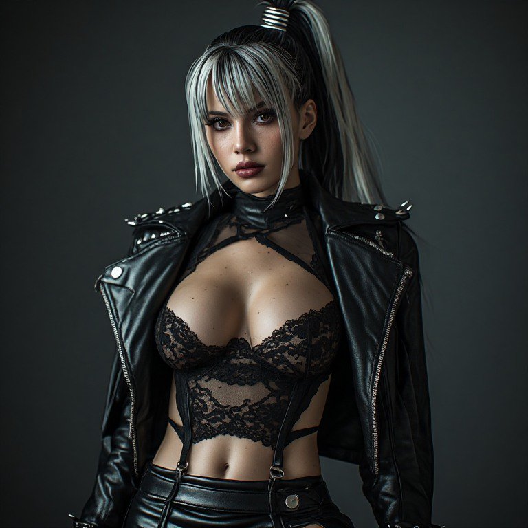 Hyperrealistic portrait of edgy alternative woman with two-tone ponytail, spiked leather jacket a...