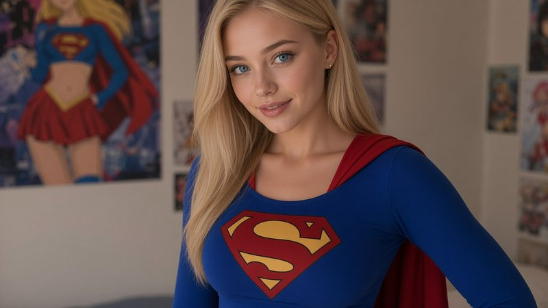 Young blonde cosplayer in a Supergirl costume poses in a comic fandom space with fan art on the w...