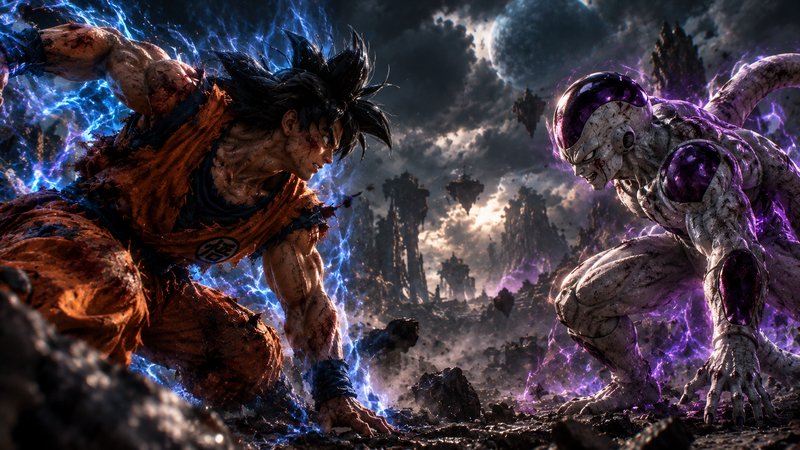 Battle-worn Goku and Frieza face off mid-showdown on a shattered alien battlefield crackling with...