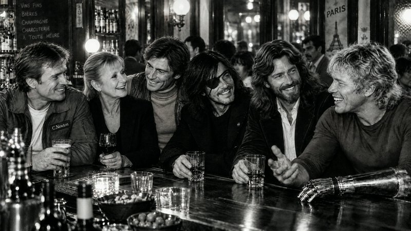 Smiling group of friends sit together at a classic Parisian bar, holding drinks, one with a metal...