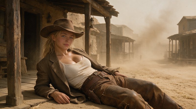 Blonde cowgirl reclines on a weathered saloon porch in a dusty old west frontier town