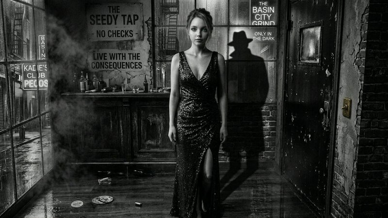 Woman in a sequined evening dress stands in a gritty noir bar beside the shadow of a fedora-weari...