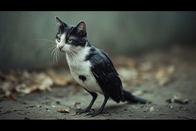 Surreal hybrid chimera with tuxedo cat head and magpie body stands on leaf-strewn paved ground